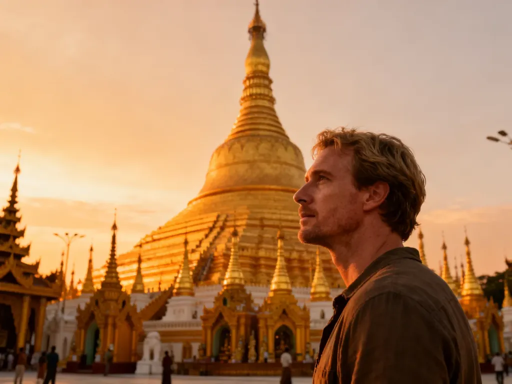 Turysta podziwiający majestatyczną, złotą pagodę Shwedagon w Mjanmie podczas zachodu słońca.