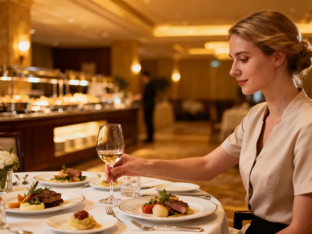 Elegancko nakryty stół w hotelowej restauracji z kobietą sięgającą po kieliszek wina w przytulnej atmosferze.