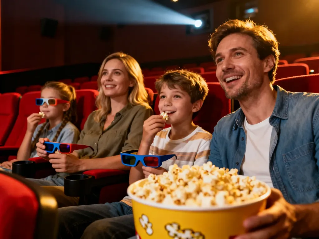 Szczęśliwa czteroosobowa rodzina z popcornem i okularami 3D w nowoczesnej sali kinowej.