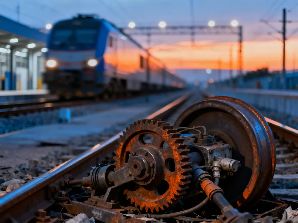 Zbliżenie na uszkodzony mechanizm koła pociągu z widocznymi zardzewiałymi częściami metalowymi w zajezdni kolejowej.
