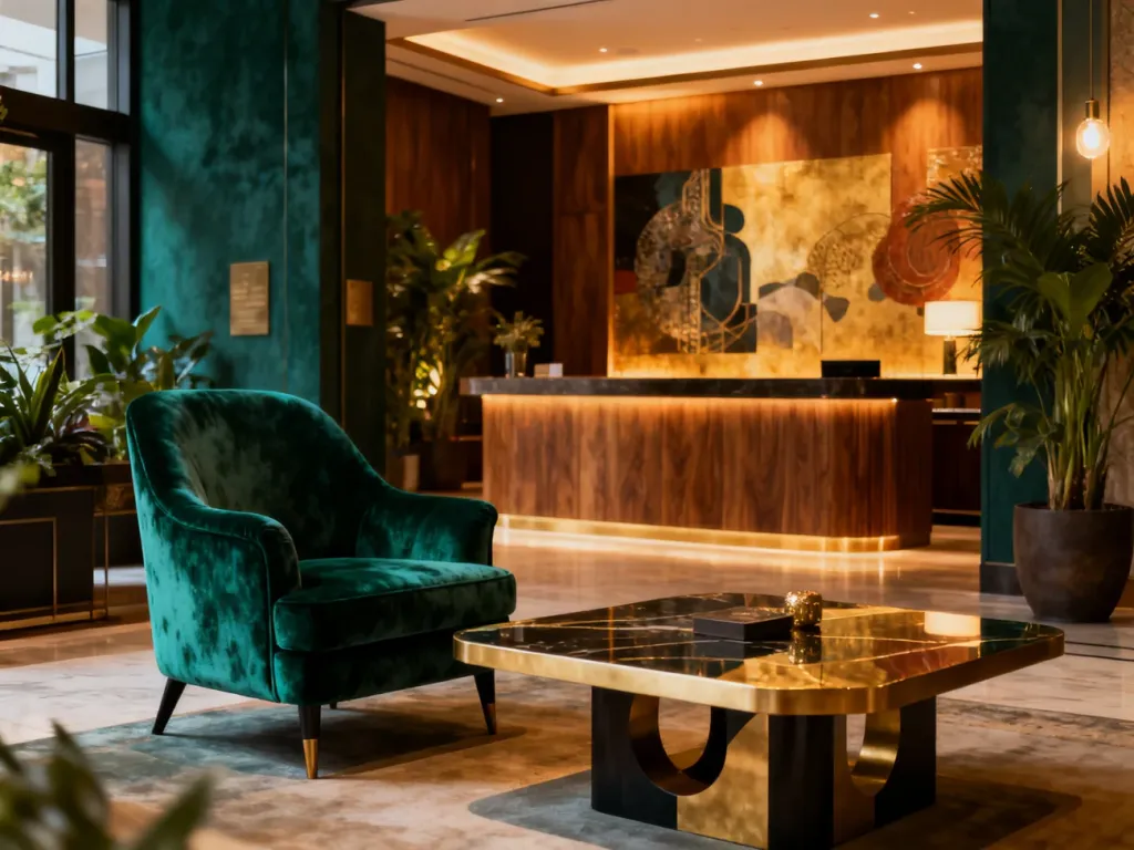 Eleganckie lobby hotelu butikowego z aksamitnym fotelem, stylowym stolikiem i ciepłym, nastrojowym oświetleniem.