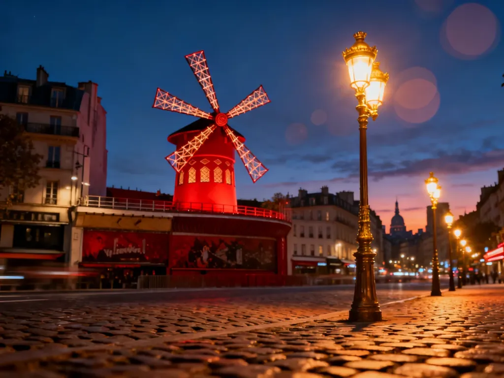 Kultowy czerwony wiatrak Moulin Rouge oświetlony nocą na tle paryskiego nieba.