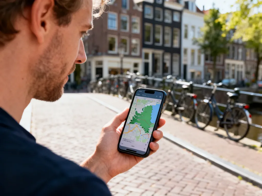 Mężczyzna trzymający smartfon z mapą Holandii na tle tradycyjnej holenderskiej ulicy z kamienicami.